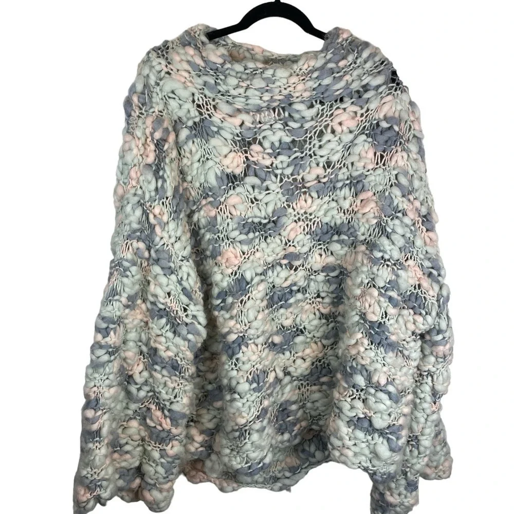 For Love & Lemons Mademoiselle Wool Blend Popover Sweater Blue Pink Size L